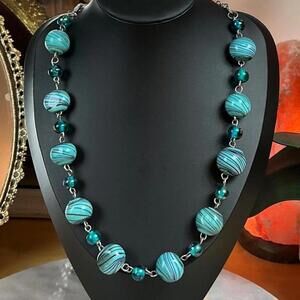 Vintage Murano Glass Swirl Turquoise w/ Smaller Teal Lampwork Beads Necklace